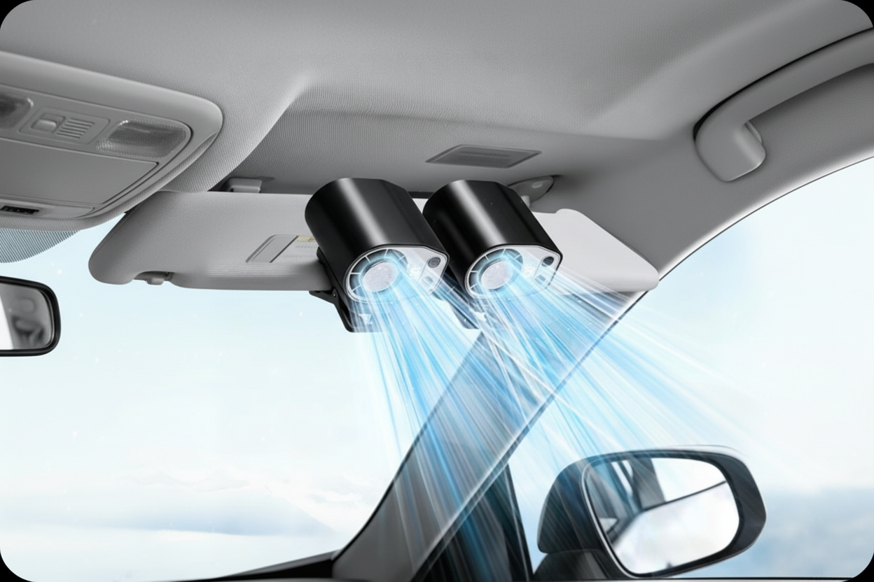 Ventilador doble instalado en el interior de un coche